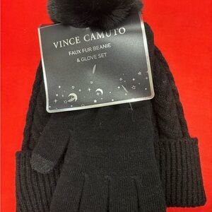 Vince Camuto Black Knit Beanie and Glove Set